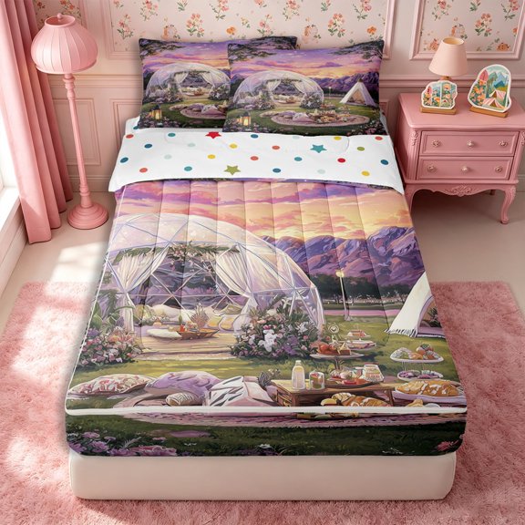 Manfei Painting Sunset Glamping Pattern Zipper Twin Comforter Sets with Fitted Sheet and 2 Pillowcases,Mountain Dome Tent Print Zipper Bedding Set,Purple Green,Reversible