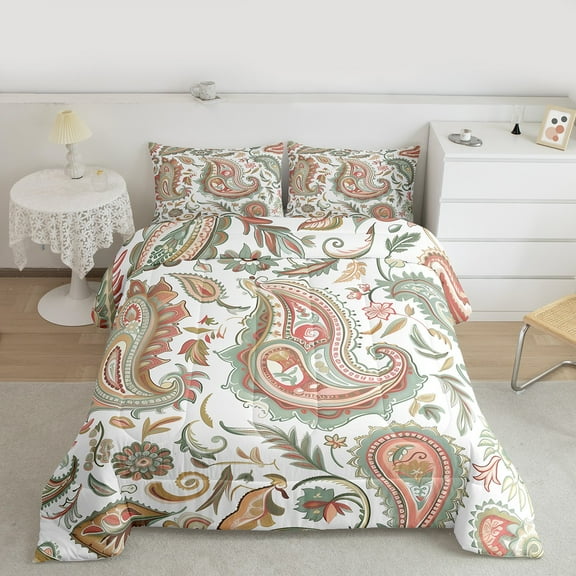 Manfei Paisley Flower Bedding Comforter Set,Boho Theme Twin Comforter Sets,Orange Green White Bedding Set For Adults,Microfiber Bedroom Decor Reversible,2-Piece
