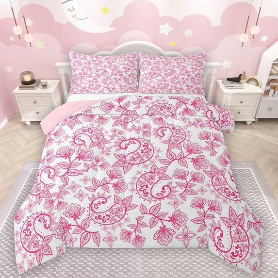 Manfei Paisley Queen Comforter Set,Retrp Rustic Flower Bedding Sets,Pink White Bedding Comforter Set For Girl,Luxury Bedroom Decor Reversible,3-Piece