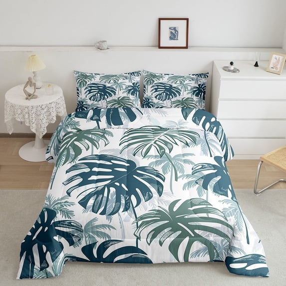 Manfei Palm Monstera Bedding Full Comforter Set,Tropical Plant Leaves Down Comforter,Hawaii Summer Holiday Bedding Sets Full with Comforter,Ultra Soft Bedroom Decoration Reversible,3 Pieces