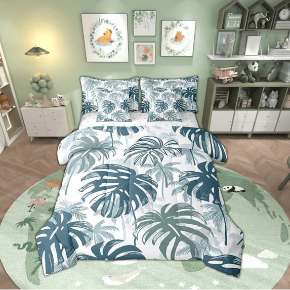Manfei Palm Monstera Bedding Twin Size,Tropical Plant Leaves Comforter Sets with Sheets,Hawaii Summer Holiday Bedding Sets Twin Size,Ultra Soft Bedroom Decoration Reversible,7pcs