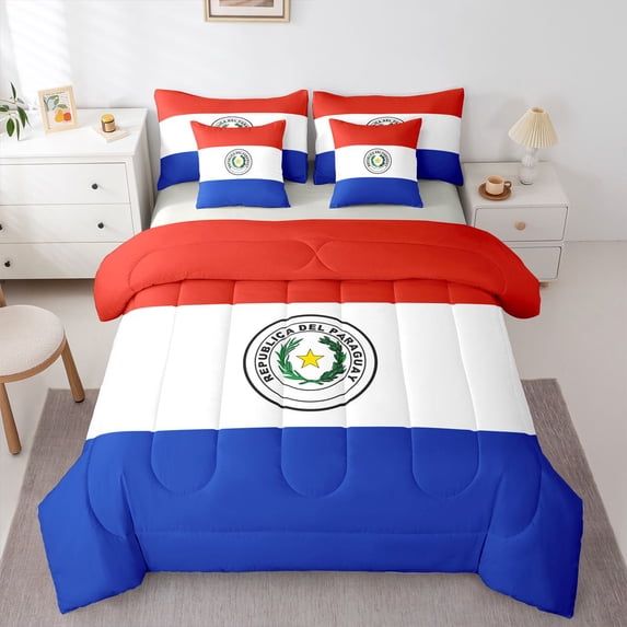 Manfei Paraguay Flag 7 Pieces Full Size Bedding Sets,World Patriot Full Size Bed in a Bag,Red White Blue,Light Gray Reversible