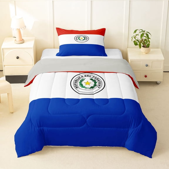 Manfei Paraguay Flag Twin Comforter Sets,World Patriot Bedding Set,Red White Blue,Light Gray Reversible,2pcs,1 Comforter and 1 Pillowcase
