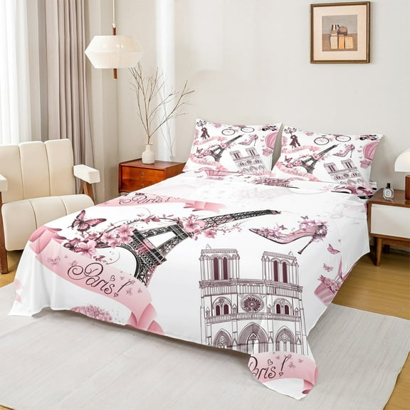 Manfei Paris Eiffel Tower Bed Sheets,Pink Butterflies Flower King Sheets,Romance Valentine'S Day Sheet Set,Microfiber Room Decor,4-Piece