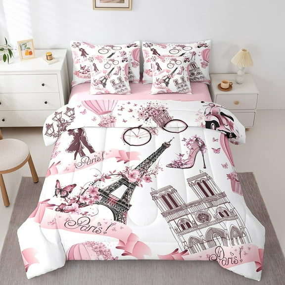 Manfei Paris Eiffel Tower Bedding Comforter Set 7 Pieces,Pink Butterflies Flower Full Bedding Set,Romance Valentine'S Day Fitted Sheet Flat Sheet,Microfiber Room Decor Reversible
