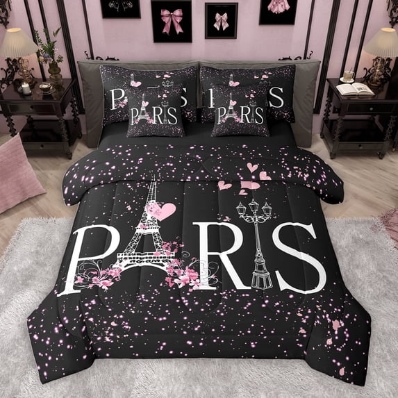 Homewish Paris Eiffel Tower Bedding Comforter Set 7 Pieces, Romantic Bling Stars Flower Full Bedding Set, Black Pink Fashion Reversible Fitted Sheet Flat Sheet, Super Cozy Room Decor