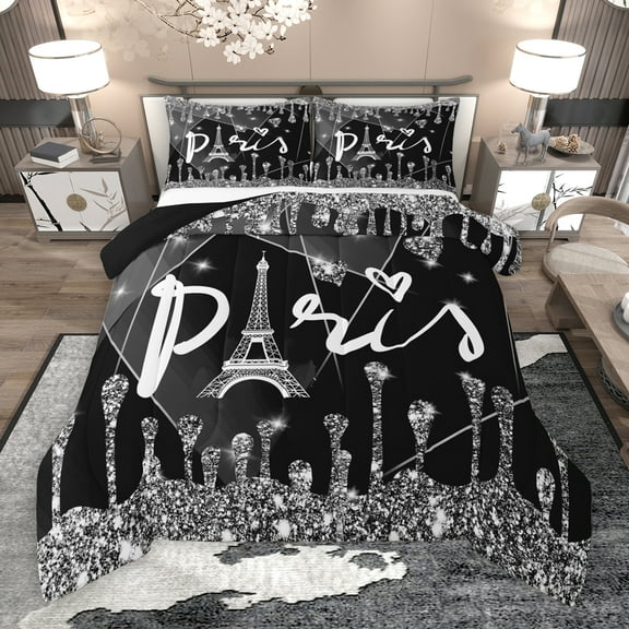 Manfei Paris Eiffel Tower Bedding Comforter Set, Black Diamond Sequin Print Twin Comforter Sets, Romantic Princess Style Reversible Bedding Set, Breathable Home Decor, 2-Piece