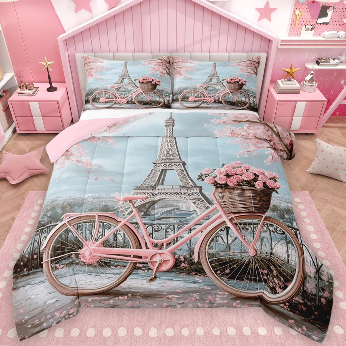 Manfei Paris Eiffel Tower Bedding Comforter Set for Girl, Pink Romantic Bike Twin Comforter Sets, Blossoms Flower Floral Reversible Bedding Set, Luxury Bedroom Decor, 2pcs