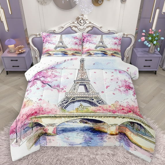 Homewish Paris Eiffel Tower Bedding Comforter Set for Teen, Pink Cherry Blossoms Twin Comforter Sets, Chic Watercolor Reversible Bedding Set, Breathable Home Decor, 2-Piece