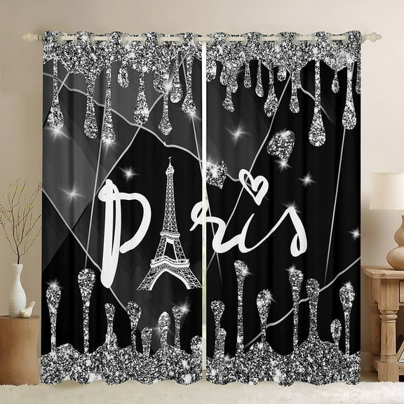 Manfei Paris Eiffel Tower Black Out Curtains, Black Diamond Sequin Print Curtains Pack of 2 (42x63 Each), Romantic Princess Style Bedroom Curtains, Living Room Curtains Decor