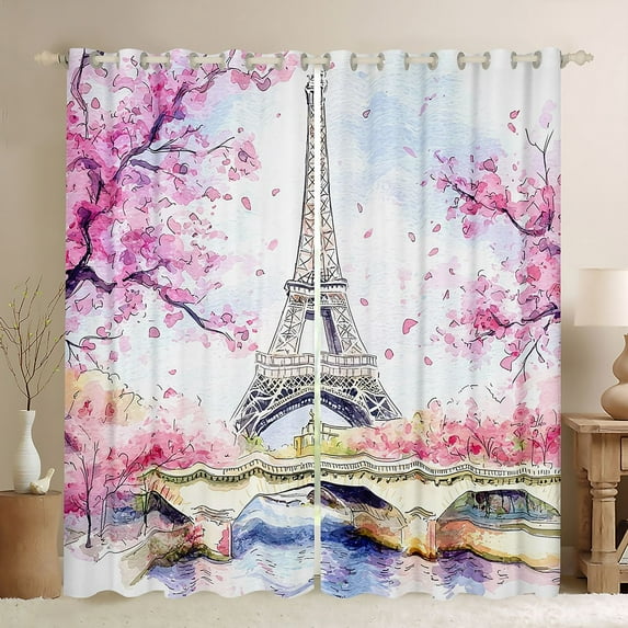 Homewish Paris Eiffel Tower Black Out Curtains for Teen, Pink Cherry Blossoms Curtains Pack of 2 (42x63 Each), Chic Watercolor Bedroom Curtains, Black Out Curtains Decor