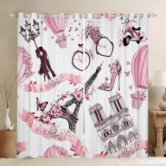 Manfei Paris Eiffel Tower Curtains and Drapes,Pink Butterflies Flower Black Out Curtains,Romance Valentine'S Day Curtains Pack of 2 (52x63 Each),Microfiber Room Decor