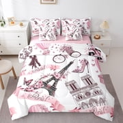 Manfei Paris Eiffel Tower Twin Bedding Sets 7-Piece,Pink Butterflies Flower Bedding Comforter Set 7-Piece,Romance Valentine'S Day Sheet Sets,Microfiber Room Decor Reversible