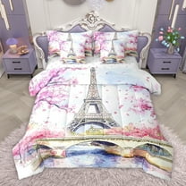 Homewish Paris Eiffel Tower Twin Bedding Sets 7-Piece for Teen, Pink Cherry Blossoms Bedding Comforter Set, Chic Watercolor Reversible Sheet Sets, Breathable Home Decor