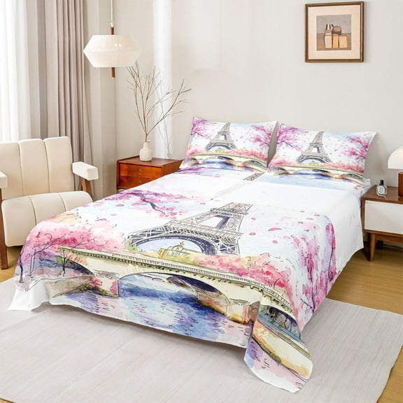 Manfei Paris Eiffel Tower Twin Sheet Sets for Teen, Pink Cherry Blossoms Twin Fitted Sheet, Chic Watercolor Flat Sheet, Breathable Home Decor, 3-Piece
