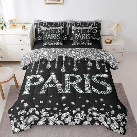 Manfei Paris Sequin Print Bedding Comforter Set 7pcs,Romance Eiffel Tower Queen Bedding Sets,Black Silver Queen Sheet Sets For Teens,Luxury Bedroom Decor Reversible
