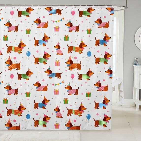 Manfei Party Dachshund Shower Curtain 72Wx84L, Gift Balloon Bathroom Shower Curtain, White Brown
