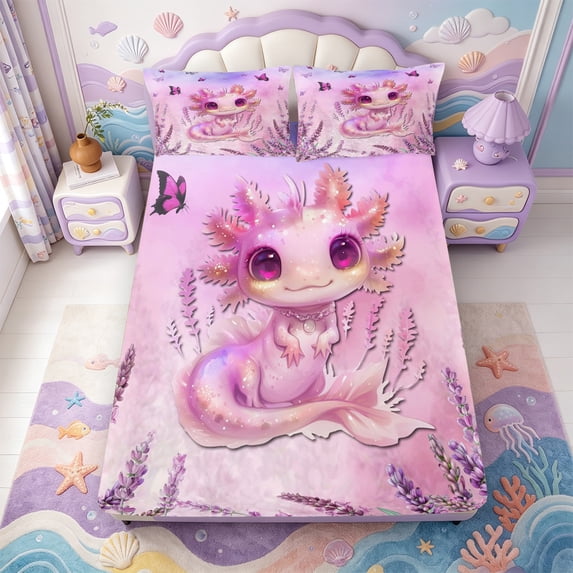 Manfei Pastel Amphibian Axolotl Fitted Sheet Full,Cute Salamander Pattern Bed Set,3 Pieces,1 Fitted Sheet and 2 Pillowcases
