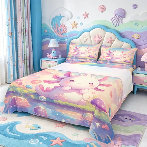 Manfei Pastel Axolotl Pattern Queen Sheets,Ocean Themed Salamander Queen Sheet Sets,4 Pieces,1 Flat Sheet,1 Fitted Sheet and 2 Pillowcases