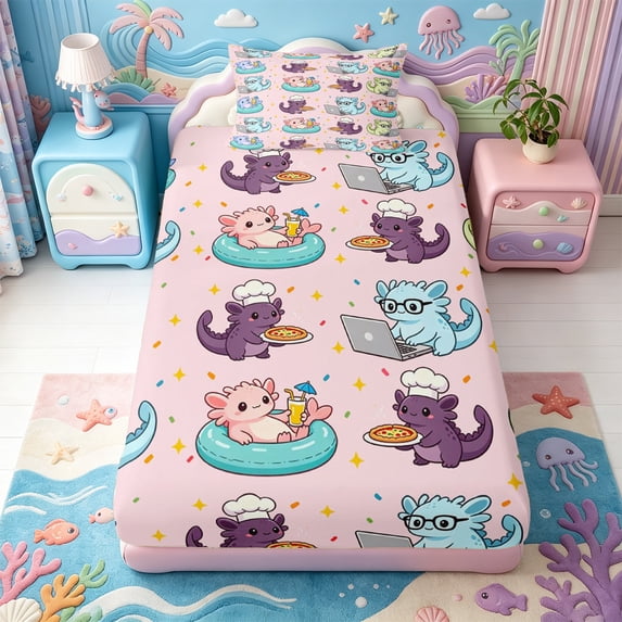 Manfei Pastel Axolotl Print Twin Fitted Sheet,Ocean Themed Salamander Bedding,2 Pieces,1 Fitted Sheet and 1 Pillowcase