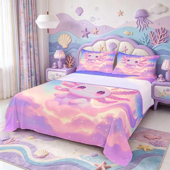 Manfei Pastel Axolotl Queen Sheets,Ocean Aniaml Salamander Queen Sheet Sets,4-Piece,1 Flat Sheet,1 Fitted Sheet and 2 Pillowcases