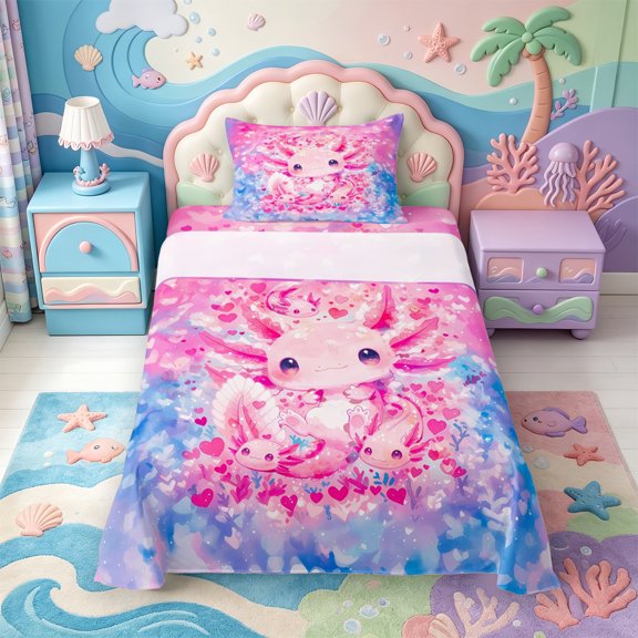 Manfei Pastel Axolotl Twin Sheets,Kawaii Ocean Animal Bedding,3 Pieces,1 Flat Sheet,1 Fitted Sheet and 1 Pillowcase
