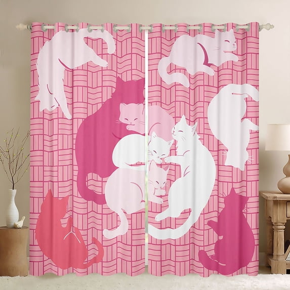 Manfei Pastel Cat Silhouette Blackout Curtains, Grid Lattice Window Curtains Pack of 2 (38x45 Each), Pink White