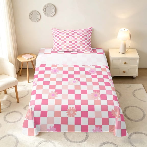 Manfei Pastel Checkerboard Floral Twin Sheets, Pink Tone Daisy Bedding, Pink White, p 3 Pieces1 Flat Sheet + 1 Fitted Sheet + 1 Pillowcase