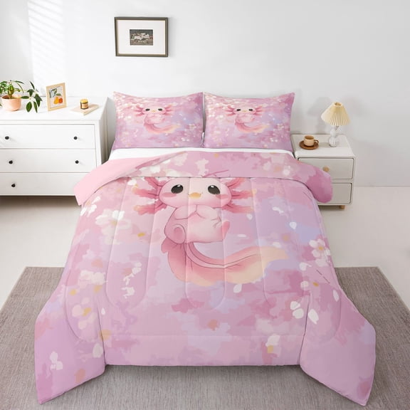 Manfei Pastel Floral Full Size Comforter Sets,Sakura Axolotl Bedding Comforter Set For Girls,Pink,Pink Reversible,3pcs,1 Comforter and 2 Pillowcases