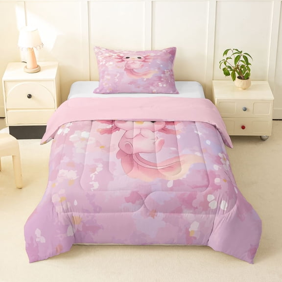Manfei Pastel Floral Twin Comforter Sets,Sakura Axolotl Bedding Set For Girls,Pink,Pink Reversible,2 Pieces,1 Comforter and 1 Pillowcase