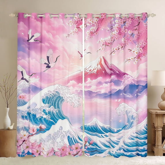 Manfei Pastel Fuji Wave Black Out Curtains for Home, Sakura Crane Curtains Pack of 2 (42x63 Each) for Office, Pink Blue White