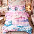 thumbnail image 1 of Manfei Pastel Fuji Wave Twin Bedding Sets for Home, Sakura Crane Bedding Comforter Set for Office, Pink Blue White, Pink Reversible7-Piece, 1 of 6