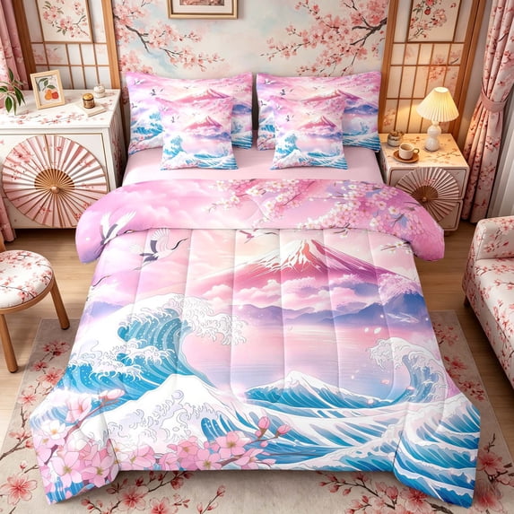 Manfei Pastel Fuji Wave Twin Bedding Sets for Home, Sakura Crane Bedding Comforter Set for Office, Pink Blue White, Pink Reversible7-Piece