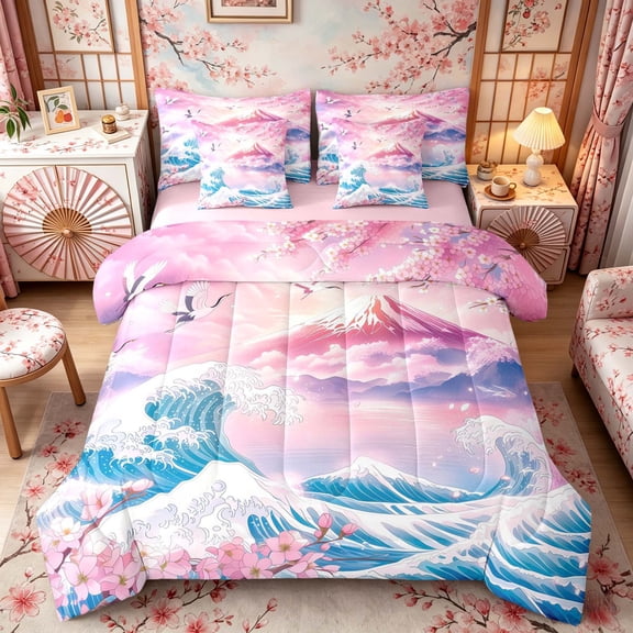 Manfei Pastel Fuji Wave Twin Bedding Sets for Home, Sakura Crane Bedding Comforter Set for Office, Pink Blue White, Pink Reversible7-Piece