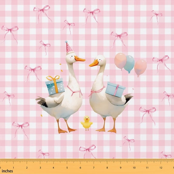 Manfei Pastel Goose Fabric by the Yard 2 Yards, Kawaii Plaid Sewing Fabric, Pink Party Goose