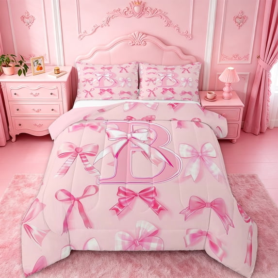 Manfei Pastel Pink Bow Queen Comforter Set For Kids,3D Kawaii Letter B Monogram Bedding Comforter Set,Pink Reversible,3 Pieces