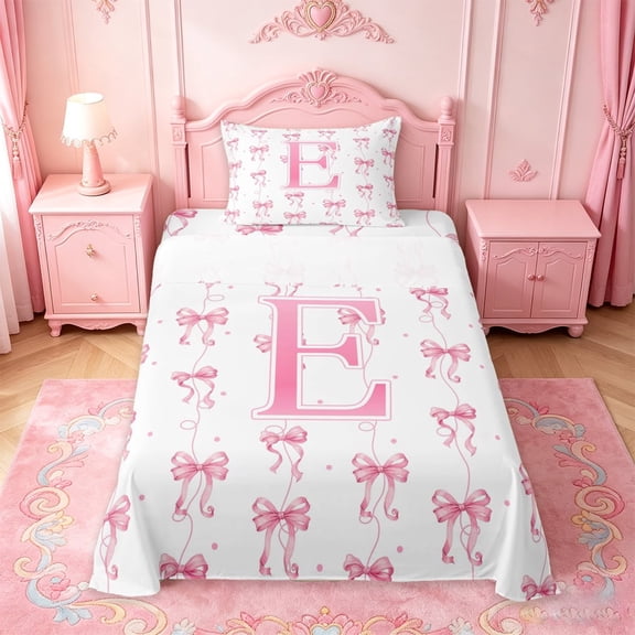 Manfei Pastel Pink Circle Twin Sheet Sets For Kids,Kawaii Letter E Monogram Bedding For Girls,3pcs