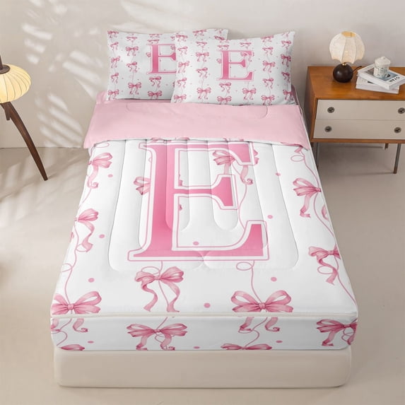 Manfei Pastel Pink Circle Zipper Full Size Comforter Sets with Fitted Sheet and 2 Pillowcases For Kids,Kawaii Letter E Monogram Zipper Bedding Set For Girls,Pink Reversible,4 Pieces