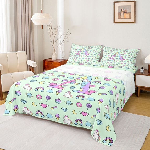 Manfei Pastel Unicorn Bed Sheets,Girls Personalized Letter A Full Size Sheets,Light Green Multicolor,4-Piece,1 Flat Sheet, 1 Fitted Sheet and 2 Pillowcases