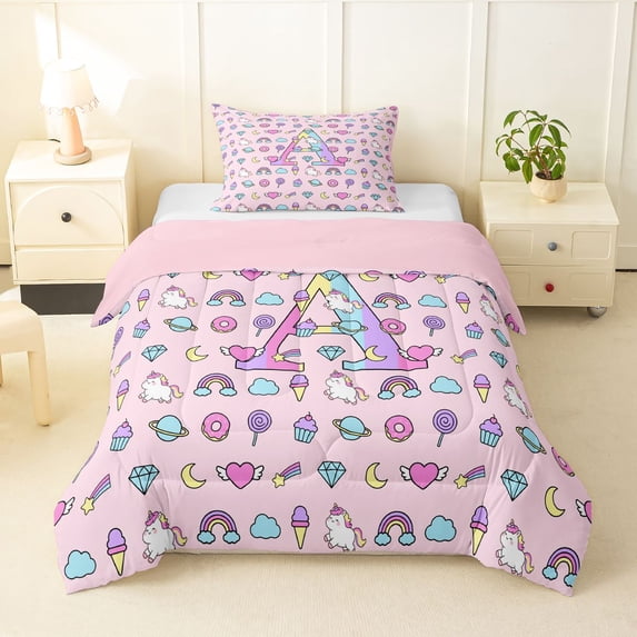 Manfei Pastel Unicorn Twin Comforter Sets,Girls Personalized Letter A Bedding Set,Pink Multicolor,Pink Reversible,2-Piece,1 Comforter and 1 Pillowcase