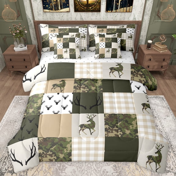 Manfei Patchwork Buffalo Plaid Bedding Comforter Set 7pcs, Rustic Green Camouflage King Bedding Sets, Jungle Deer Animal Reversible Bed Sheets, Lightweight Room Decor