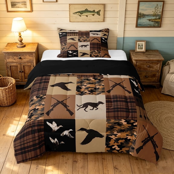 Manfei Patchwork Duck Camo Twin Comforter Sets, Mid Century Camouflage Bedding Set, Desert Tan, Black Reversible, 2 Pieces, 1 Comforter and 1 Pillowcase