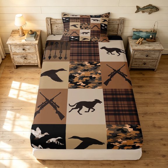 Manfei Patchwork Duck Camo Twin Fitted Sheet, Mid Century Camouflage Bedding, Desert Tan, 2 Pieces, 1 Fitted Sheet and 1 Pillowcase