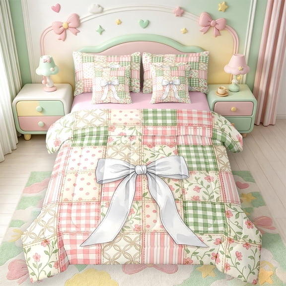Manfei Patchwork Plaid Bow 7-Piece Twin Bedding,Floral Stitch Bedding Comforter Set,Pink Reversible