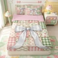 thumbnail image 1 of Manfei Patchwork Plaid Bow Zipper Twin Comforter Sets with Fitted Sheet and 2 Pillowcases,Floral Stitch Zipper Bedding Set,Pink Reversible,4-Piece, 1 of 7