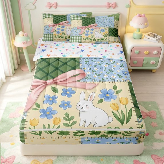 Manfei Patchwork Plaid Bowknot Zipper Twin Comforter Sets with Fitted Sheet and 2 Pillowcases,Cute Floral Zipper Bedding Set,Colorful Stars Reversible,4 Pieces