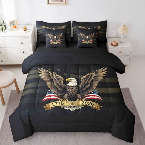 Manfei Patriotic Eagle 7-Piece Twin Bedding,1776-2026 Print Bedding Comforter Set,July 4Th Gifts,Black Reversible