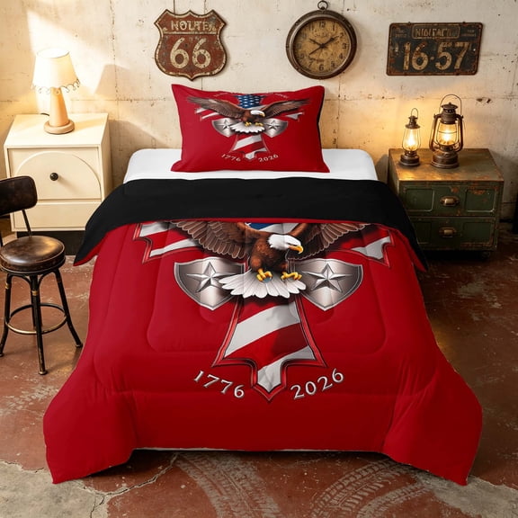 Manfei Patriotic Eagle Cross Twin Comforter Sets, Freedom Faith Bedding Set, Red, Black Reversible 2pcs, 1 Comforter and 1 Pillowcase