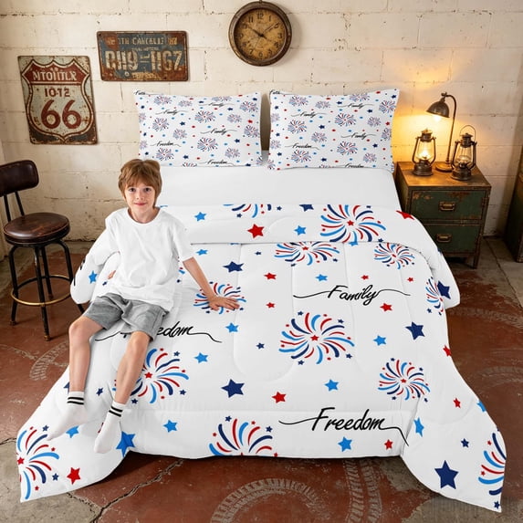 Manfei Patriotic Firework Star Full Size Comforter Sets, Faith Family Freedom Print Bedding Comforter Set, Red White Blue, Polka Dots Reversible 3 Pieces, 1 Comforter and 2 Pillowcases
