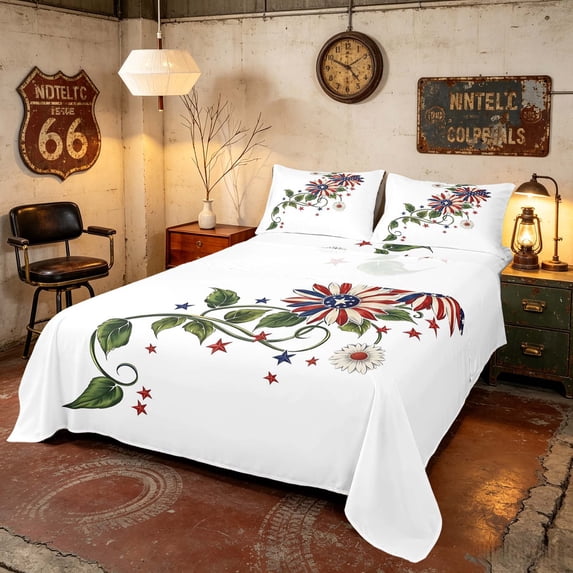 Manfei Patriotic Floral Sunflower Queen Sheets, Independence Day Queen Sheet Sets, Red White Blue, Black Reversible 4pcs (1 Flat Sheet, 1 Fitted Sheet and 2 Pillowcases)